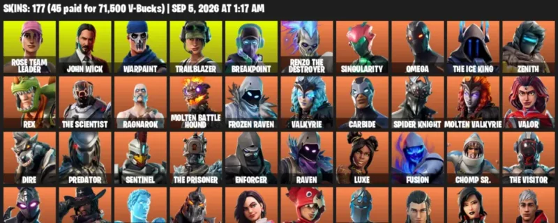Fortnite account inventory for LVL 1808 - Rose Team Leader - John Wick - 177 Outfits