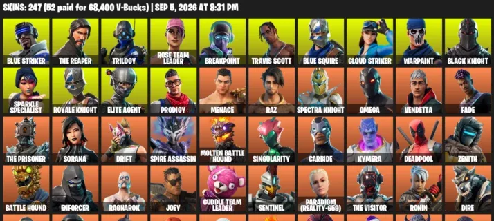 Fortnite account inventory for LVL 2840 - Blue Striker - The Reaper - 247 Outfits