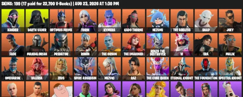 Fortnite account inventory for LVL 3011 - Xander - Darth Vader - 199 Outfits