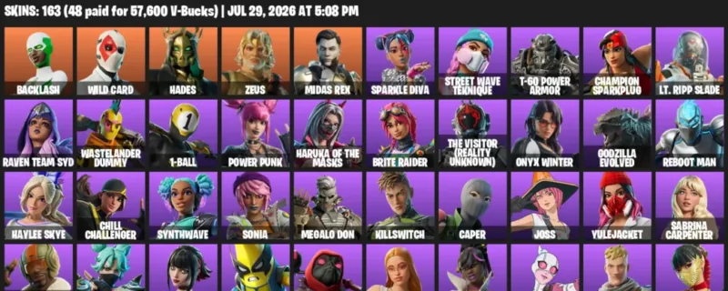 Fortnite Accounts listing: LVL 2222 - Backlash - Wild Card - 163 Outfits - 163 outfits
