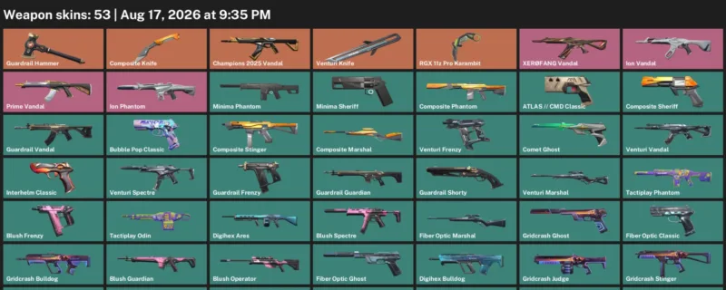 Valorant account inventory for LVL 236 · Composite Knife & RGX 11z Pro Karambit & Venturi Knife