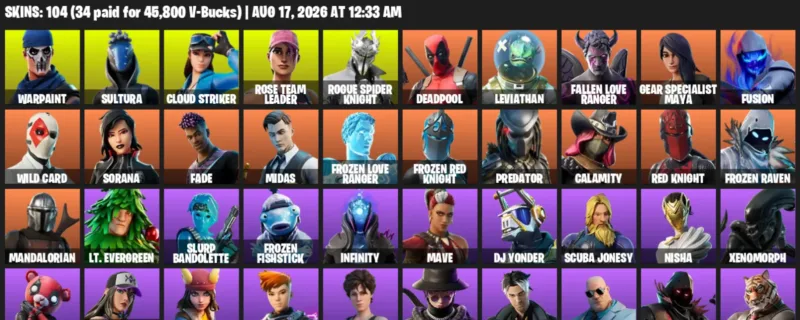 Fortnite account inventory for LVL 959 - Warpaint - Sultura - 104 Outfits