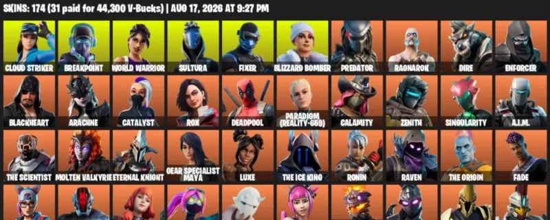 Fortnite account inventory for LVL 1888 - Cloud Striker - Breakpoint - 174 Outfits