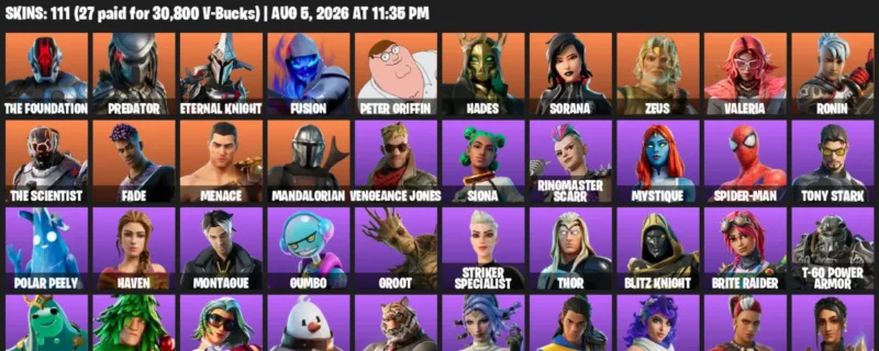 Fortnite account inventory for LVL 2265 - The Foundation - Predator - 111 Outfits