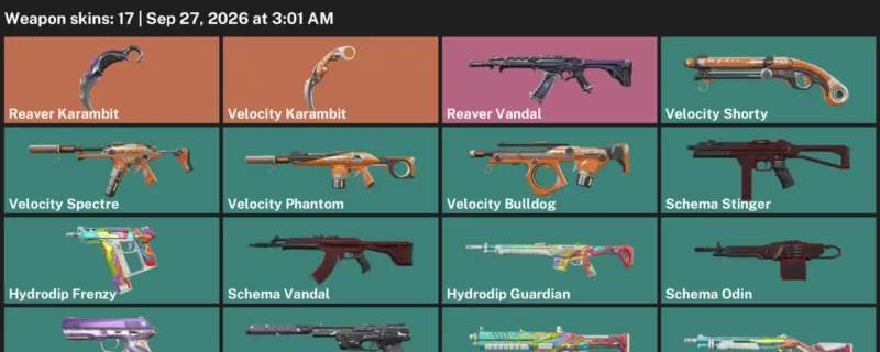 Valorant account inventory for LVL 105 · 17 Skins Reaver Karambit & Reaver Karambit & Velocity Karambit
