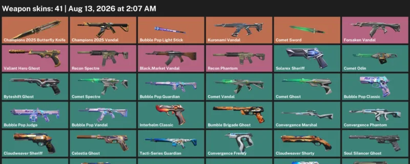 Valorant account inventory for LVL 138 · 41 Skins Champions 2025 Butterfly Knife & Bubble Pop Vandal