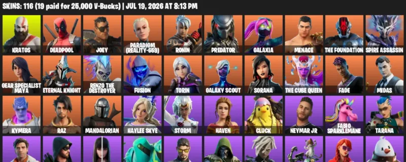Fortnite Accounts listing: LVL 2021 - Kratos - Deadpool - 116 Outfits - 116 outfits