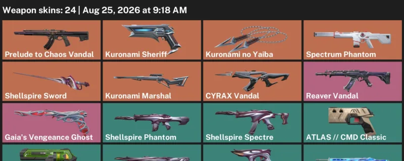 Valorant account inventory for LVL 100 · 24 Skins Kuronami no Yaiba & Cyrax Vandal