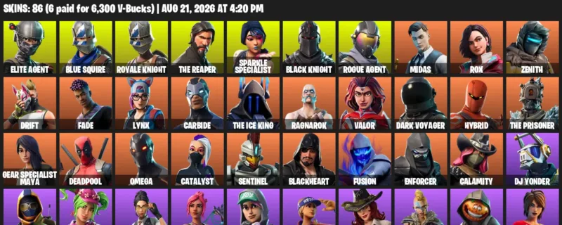 Fortnite account inventory for LVL 1225 - Elite Agent - Blue Squire - 86 Outfits