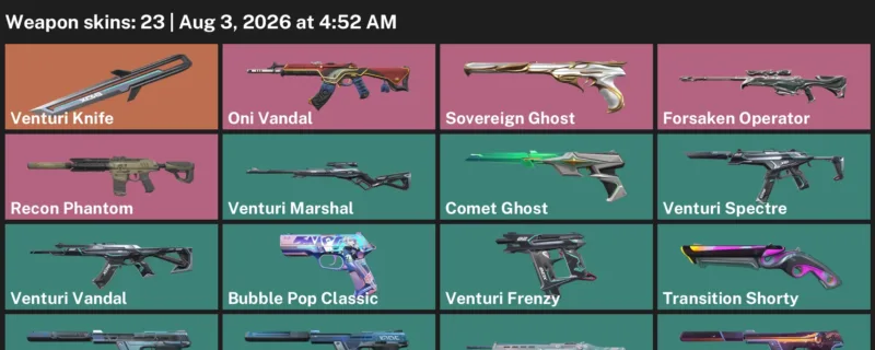 Valorant account inventory for LVL 158 · Venturi Knife & 9 Lives Phantom