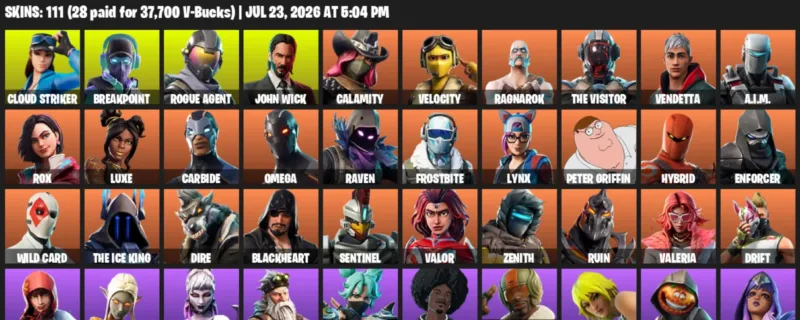 Fortnite Accounts listing: LVL 1486 - Cloud Striker - Breakpoint - 111 Outfits - 111 outfits