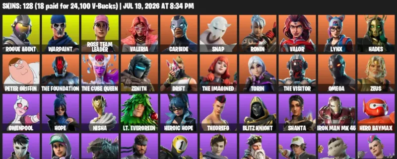 Fortnite Accounts listing: LVL 1885 - Rogue Agent - Warpaint - 128 Outfits - 128 outfits