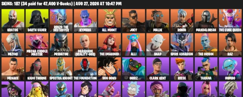 Fortnite account inventory for LVL 1675 - Kratos - Darth Vader - 187 Outfits