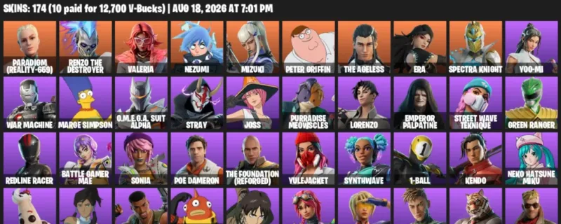 Fortnite account inventory for LVL 1782 - Paradigm (Reality-659) - Renzo the Destroyer - 174 Outfits