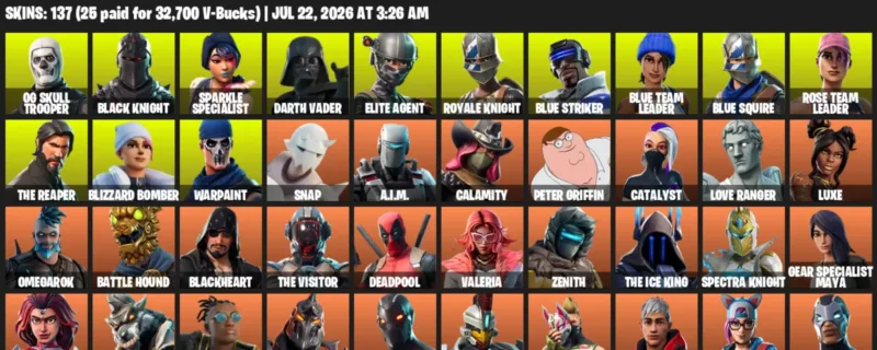 Fortnite Accounts listing: LVL 1615 - OG Skull Trooper - Black Knight - 137 Outfits - 137 outfits