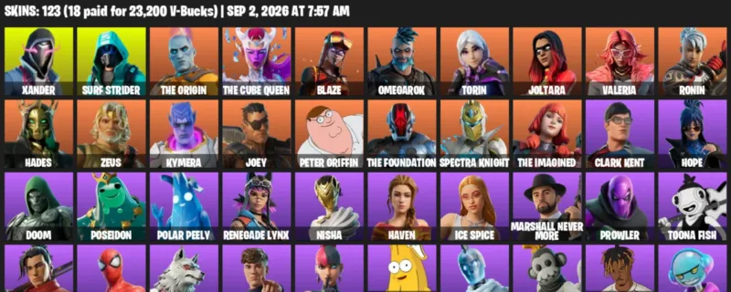 Fortnite account inventory for LVL 2677 - Xander - Surf Strider - 123 Outfits