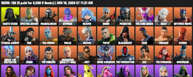 Fortnite account inventory for LVL 1759 - Darth Vader - Spectra Knight - 120 Outfits