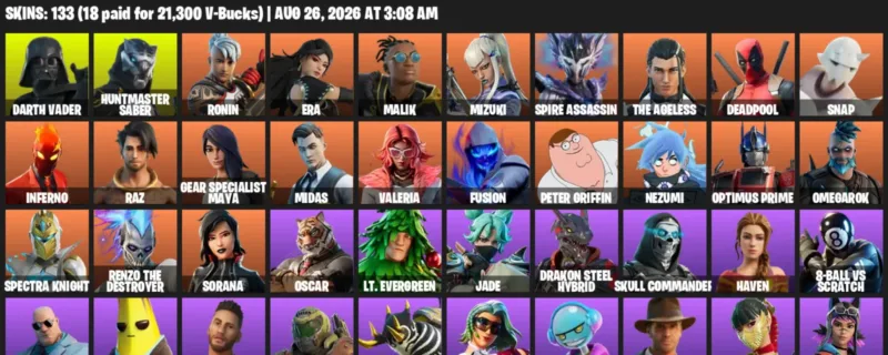 Fortnite account inventory for LVL 1771 - Darth Vader - Huntmaster Saber - 133 Outfits