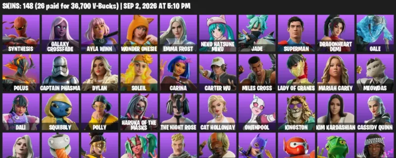 Fortnite account inventory for LVL 968 - Synthesis - Galaxy Crossfade - 148 Outfits