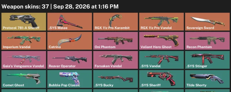 Valorant account inventory for LVL 261 · RGX 11z Pro Karambit & Sys Vandal