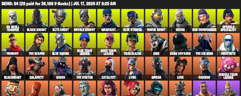 Fortnite Accounts listing: LVL 1174 - OG Skull Trooper - Black Knight - 94 Outfits - 94 outfits