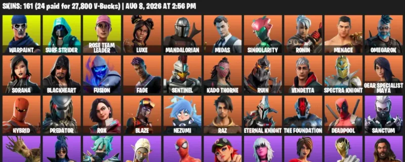 Fortnite account inventory for LVL 1935 - Warpaint - Surf Strider - 161 Outfits