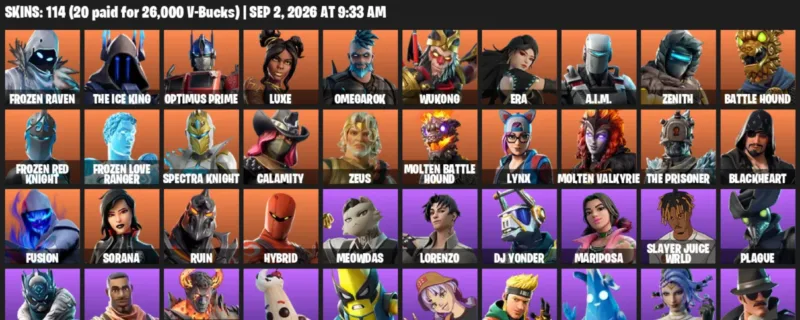 Fortnite account inventory for LVL 1593 - Frozen Raven - The Ice King - 114 Outfits