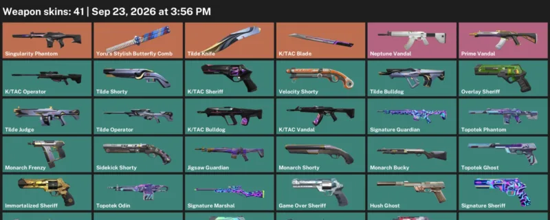 Valorant account inventory for LVL 209 · Tac Blade & Tilde Knife & Game Over Sheriff