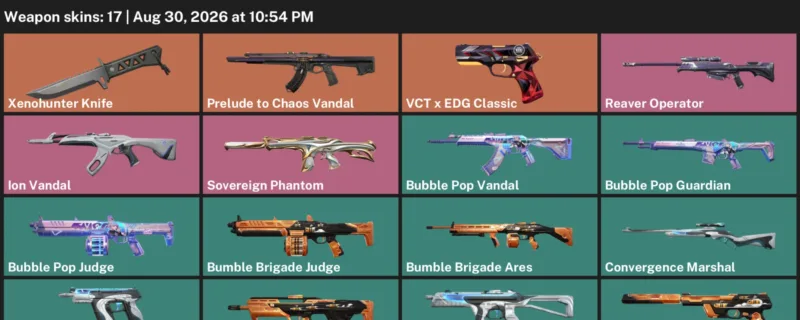 Valorant account inventory for LVL 44 · Xenohunter Knife & Bubble Pop Vandal