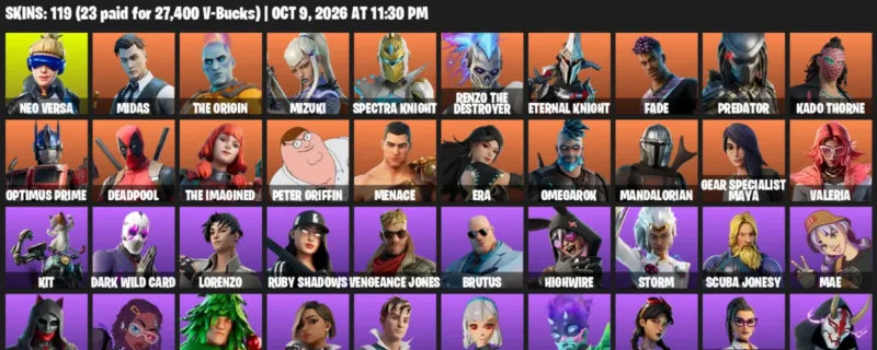 Fortnite account inventory for Neo Versa - Midas - 119 Outfits