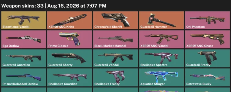 Valorant account inventory for LVL 38 · Elderflame Vandal & XerØFang Knife