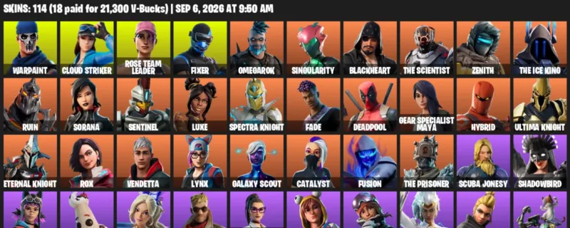 Fortnite account inventory for LVL 1240 - Warpaint - Cloud Striker - 114 Outfits