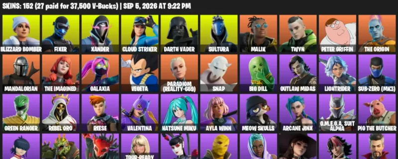 Fortnite account inventory for LVL 1545 - Blizzard Bomber - Fixer - 152 Outfits