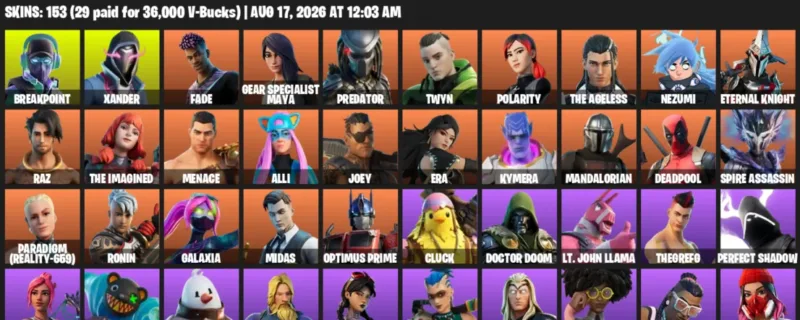 Fortnite account inventory for LVL 2117 - Breakpoint - Xander - 153 Outfits