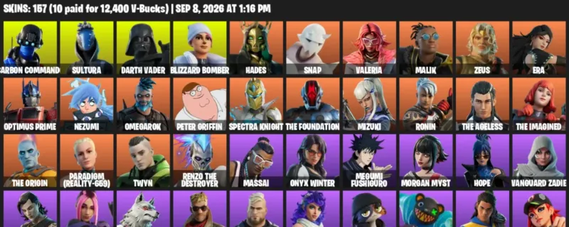 Fortnite account inventory for LVL 2092 - Carbon Commando - Sultura - 157 Outfits