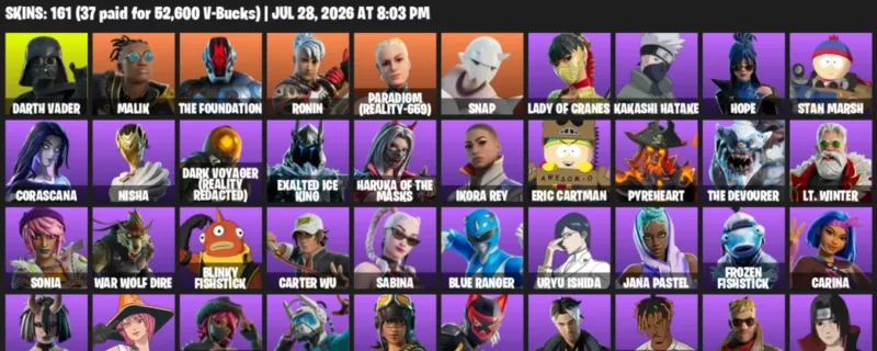 Fortnite Accounts listing: LVL 1416 - Darth Vader - Malik - 161 Outfits - 161 outfits