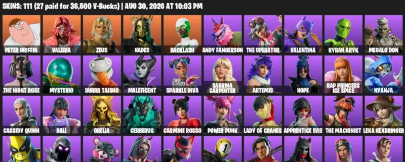 Fortnite account inventory for LVL 1255 - Peter Griffin - Valeria - 111 Outfits
