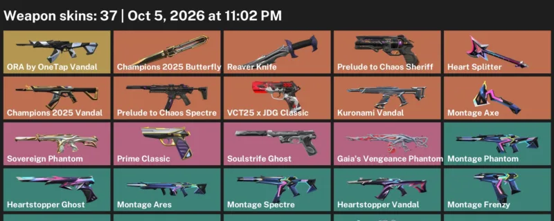 Valorant account inventory for LVL 72 · Champions 2025 Vandal & 37 Skins Champions 2025 Butterfly Knife