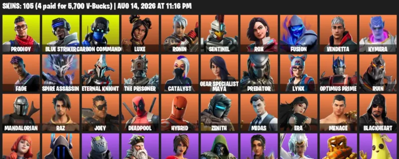 Fortnite account inventory for LVL 1855 - Prodigy - Blue Striker - 105 Outfits