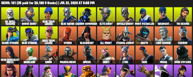 Fortnite Accounts listing: LVL 1269 - OG Skull Trooper - Rogue Agent - 101 Outfits - 101 outfits