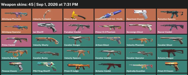 Valorant account inventory for LVL 181 · Velocity Karambit & 45 Skins Valorant GO! Vol. 1 Knife