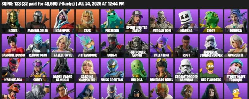 Fortnite Accounts listing: LVL 756 - Hades - Mandalorian - 123 Outfits - 123 outfits