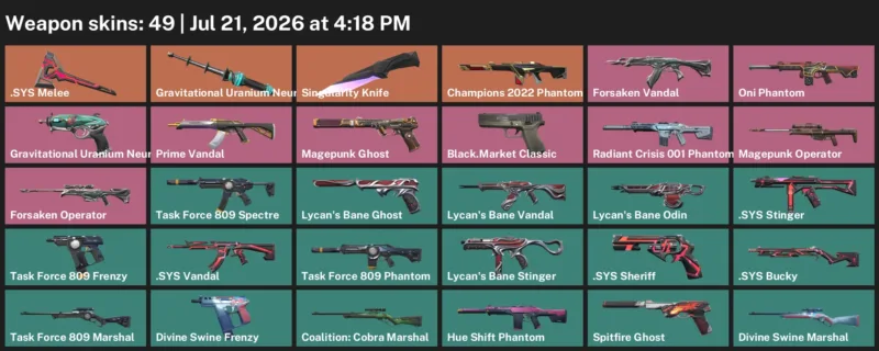 Valorant Accounts listing: LVL 114 · .SYS Melee & Singularity Knife · 49 Skins - Bronze 2, 49 skins