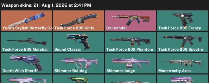 Valorant account inventory for LVL 102 · Oni Vandal & 21 Skins Task Force 809 Knife