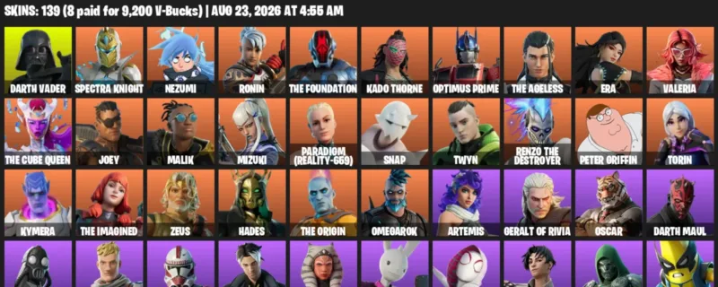 Fortnite account inventory for LVL 2484 - Darth Vader - Spectra Knight - 139 Outfits