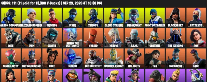Fortnite account inventory for Carbon Commando - Blizzard Bomber - 111 Outfits