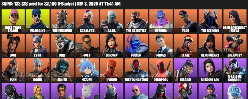 Fortnite account inventory for LVL 1711 - Rose Team Leader - Warpaint - 123 Outfits