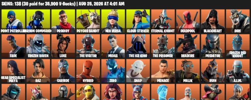 Fortnite account inventory for LVL 3204 - Point Patroller - Carbon Commando - 138 Outfits