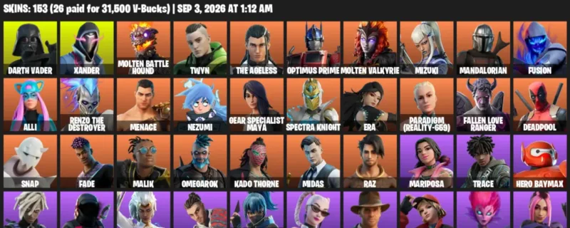 Fortnite account inventory for LVL 2938 - Darth Vader - Xander - 153 Outfits