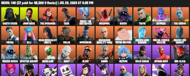 Fortnite Accounts listing: LVL 1352 - Darth Vader - John Wick - 146 Outfits - 146 outfits